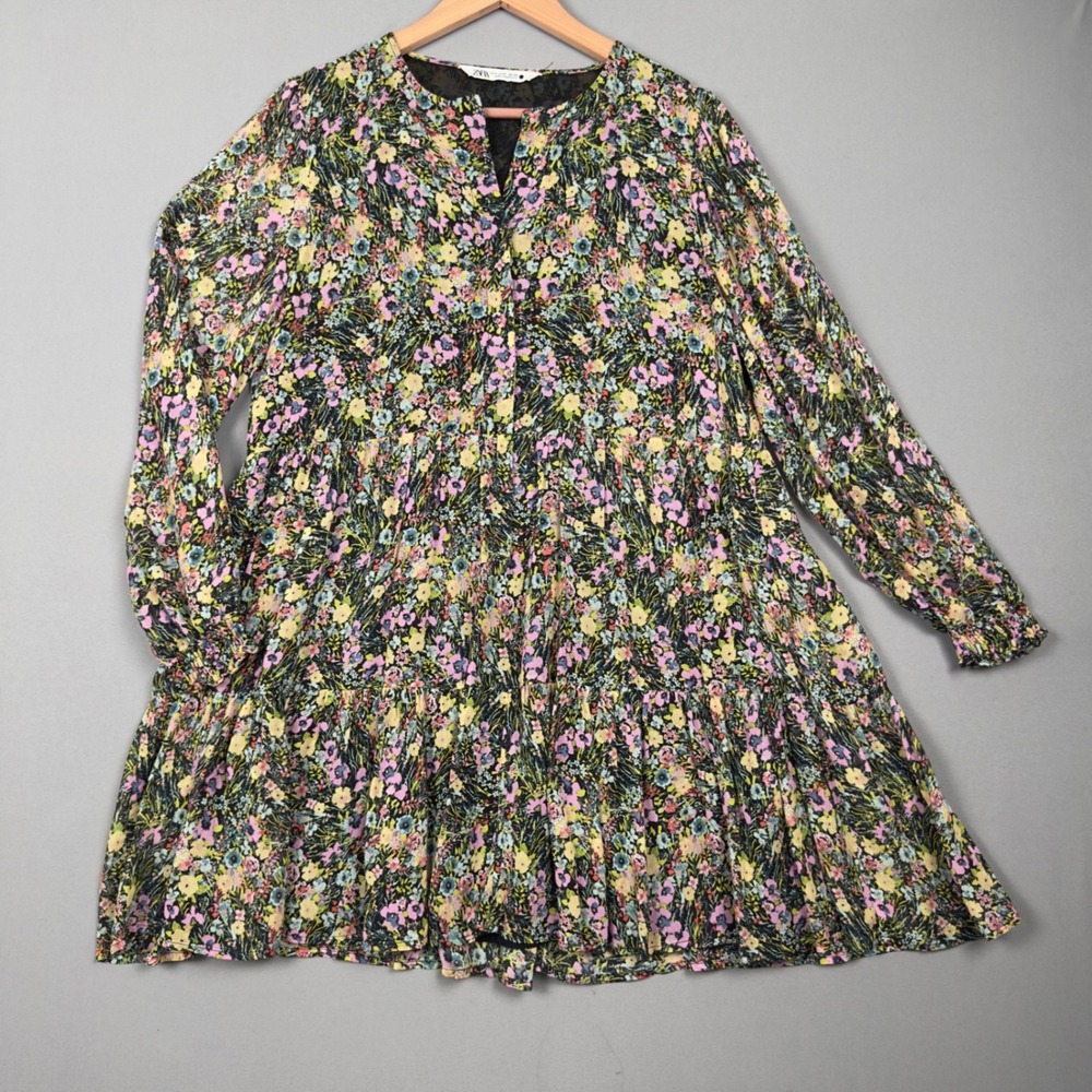 Zara Floral Babydoll Mini Dress Womens Small Black Pink Long Sleeve Tiered